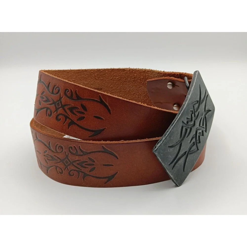 EXPRESS Genuine Leather Belt Women 32 (M) Brown Embossed Statement Boho Western